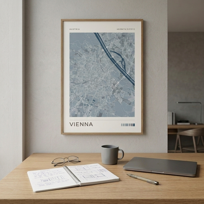A framed Vienna city map poster hangs on a light gray wall above a wooden desk with an open notebook, eyeglasses, a gray mug, and a closed laptop in a modern interior setting.