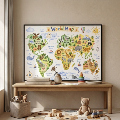 A framed colorful children's world map poster hanging on a beige wall above a wooden bench in a styled nursery setting with toys and a teddy bear.