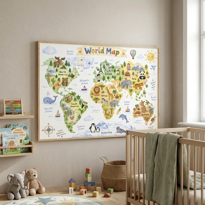 A large framed children's world map wall poster hangs in a styled nursery. The map is illustrated with continents, animals, oceans, and travel-themed icons in soft pastel colors.