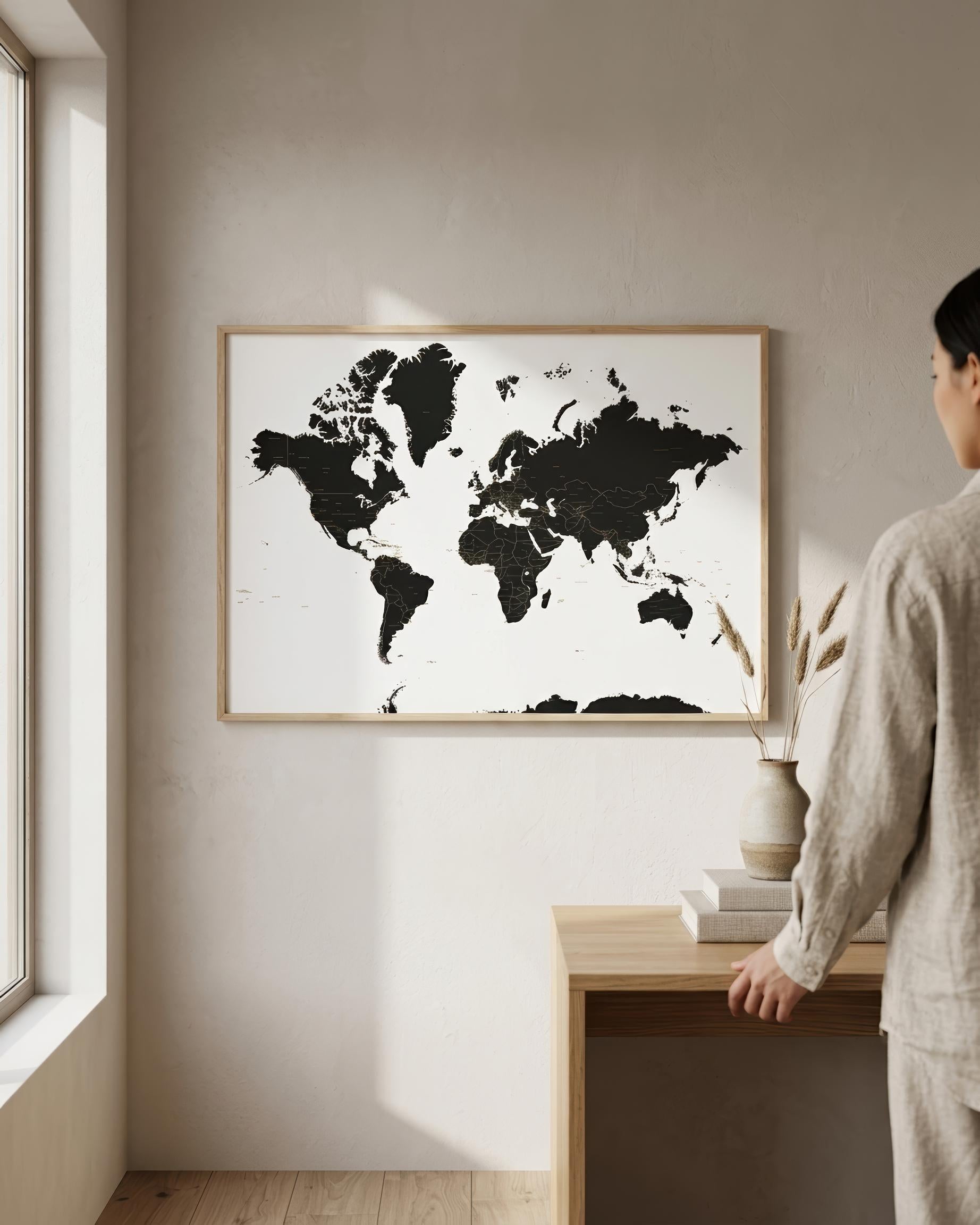 A framed world map wall art print with black continents on a white background, hanging on a light beige wall in a minimalist room. A person in light beige pajamas stands at a wooden desk beside a vase, looking at the artwork.