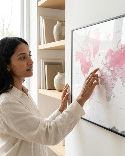 A woman in a cream linen shirt points at a framed world map with pink landmasses hanging on a white wall in a bright room.
