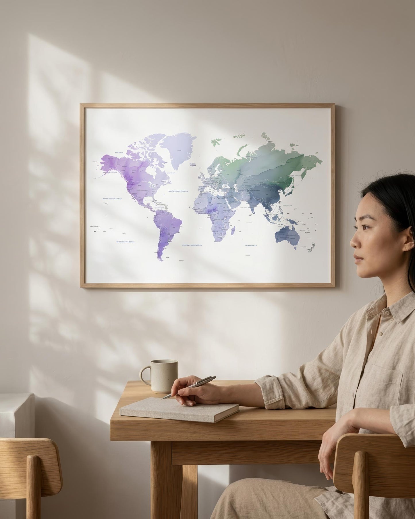 A framed world map poster with watercolor-style continents in purple, blue, and green hangs on a light beige wall above a wooden desk. A woman sits at the desk writing in a notebook with a mug nearby, in a softly lit room.