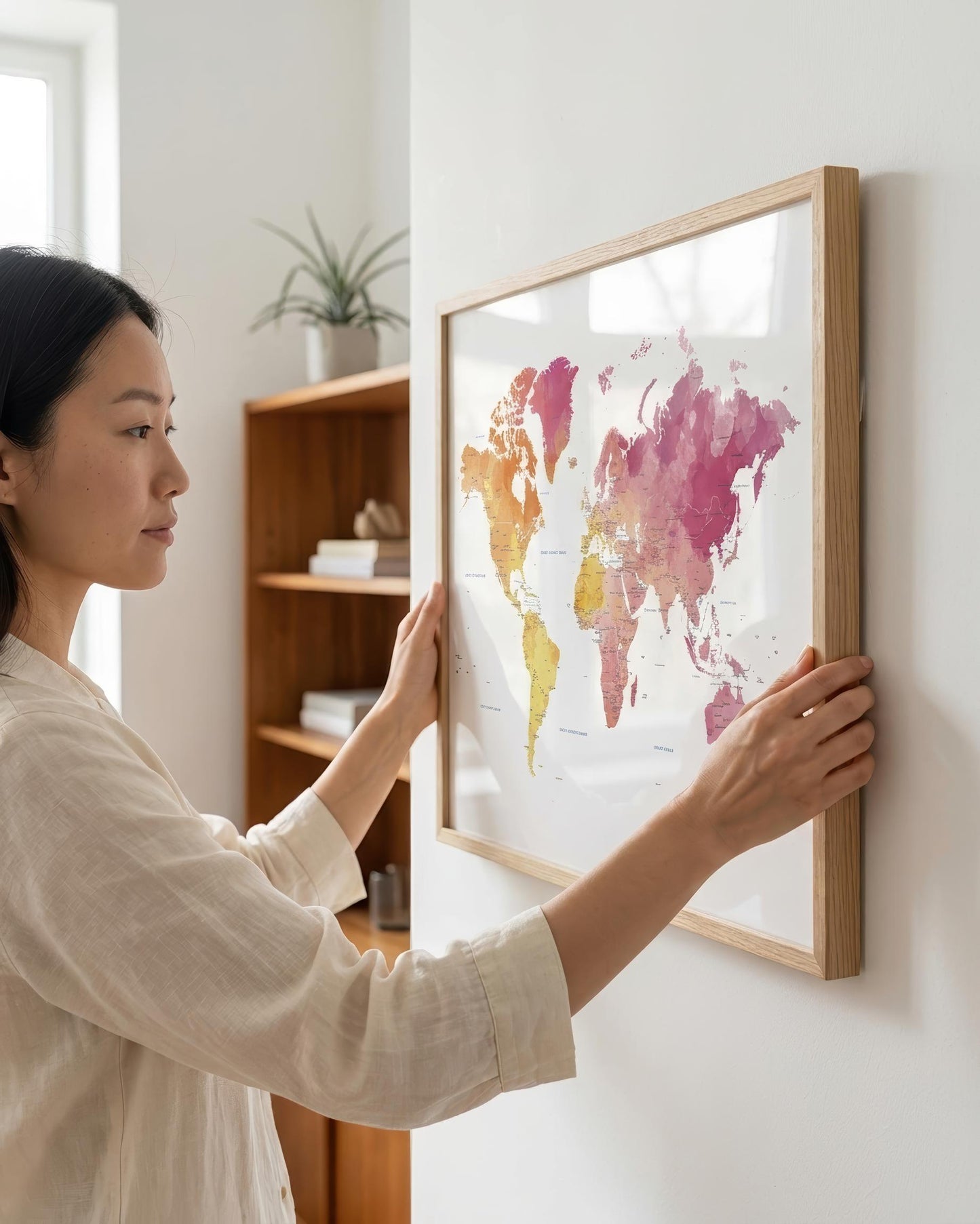 A woman in a cream-colored blouse is holding a light wood-framed world map poster against a white wall in a bright, modern room.