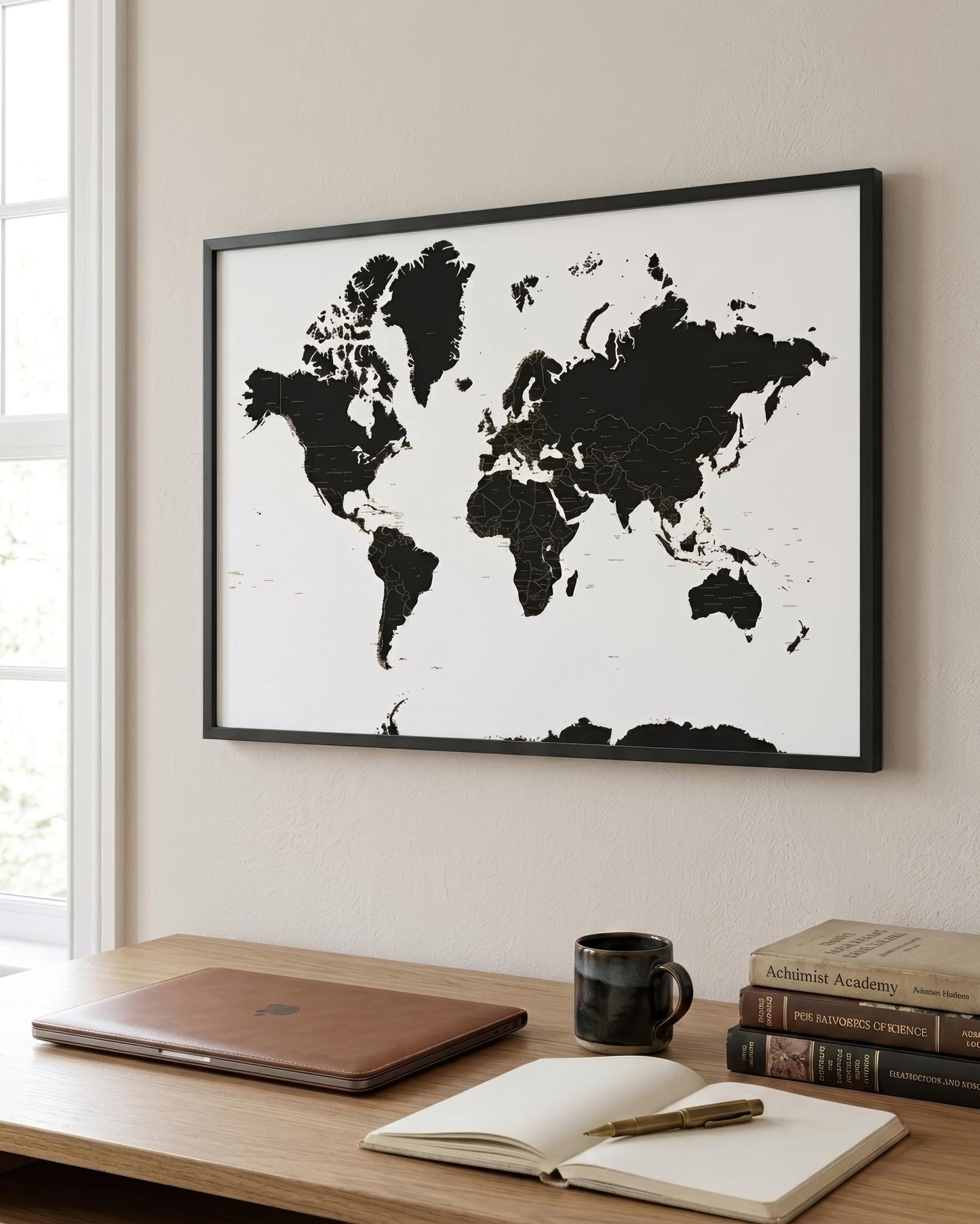 A framed black-and-white world map wall art print hangs on a beige wall above a wooden desk with a closed laptop, mug, notebook, and books.