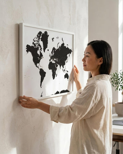A woman in a beige linen shirt hangs a white-framed world map print on a textured off-white wall. The map features black landmasses on a white background.