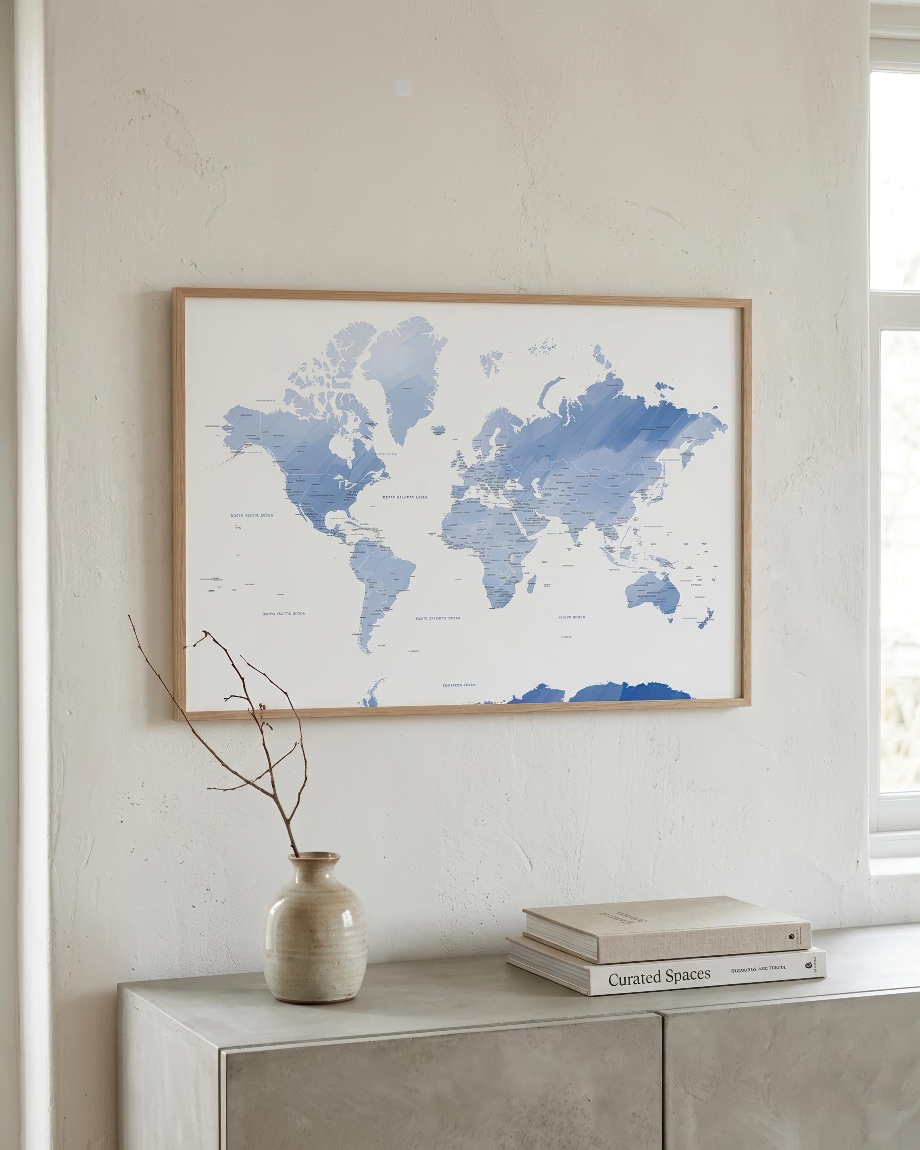 A framed world map print with blue watercolor continents on a white background, hanging on a light beige wall above a console table with a vase and books.