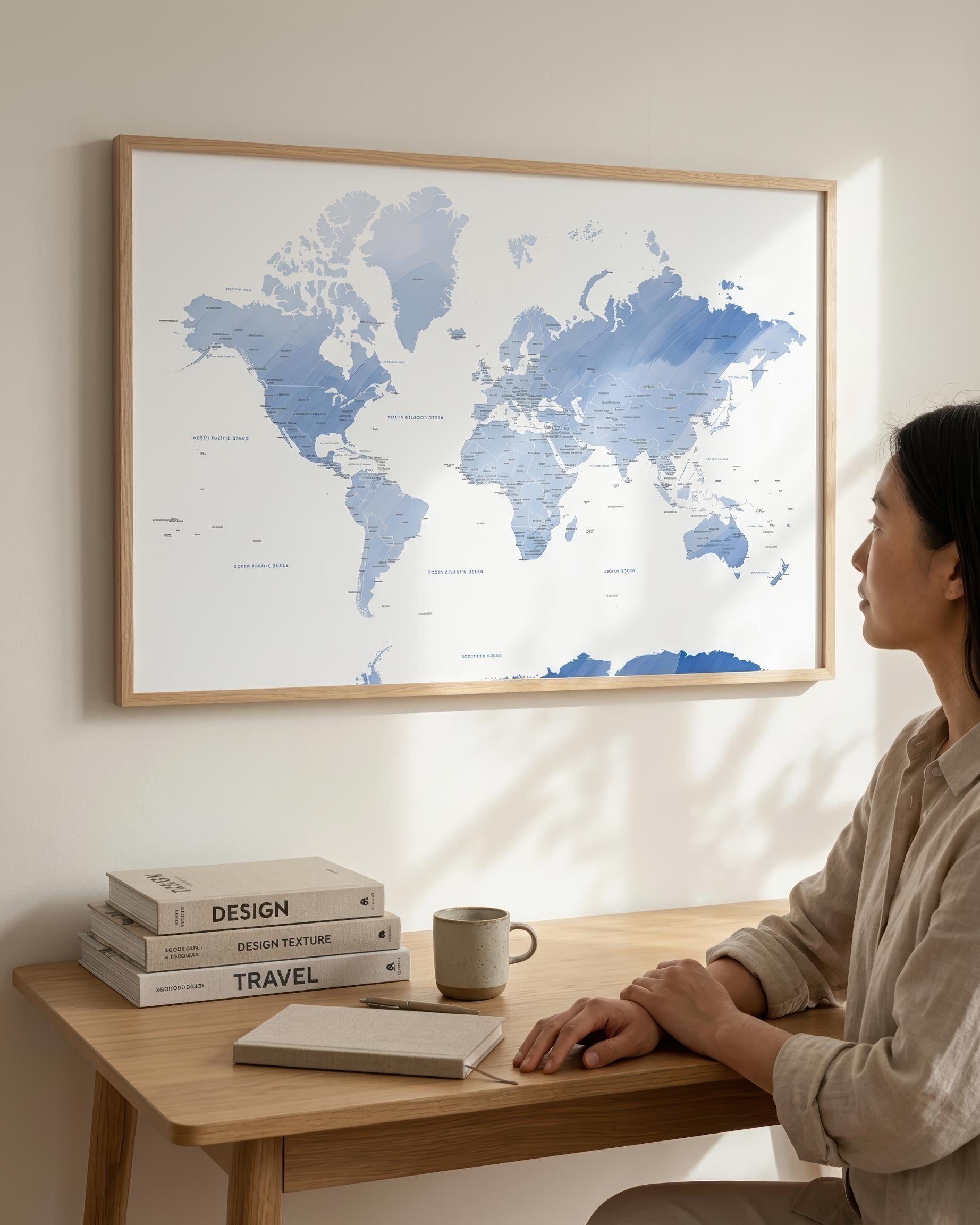 A woman sits at a wooden desk looking at a large framed world map hanging on the wall. The map features blue watercolor-style continents on a white background with a light wood frame.