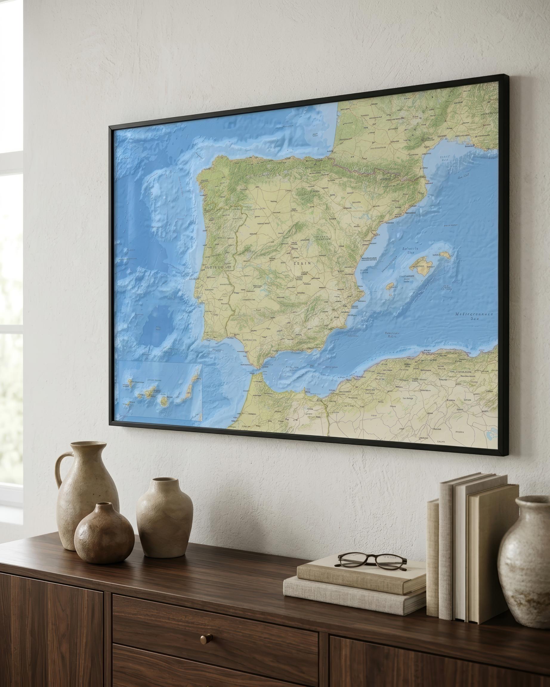 A framed 3D relief map of Spain and Portugal hanging on a light-colored wall above a wooden console table decorated with ceramic vases and books.
