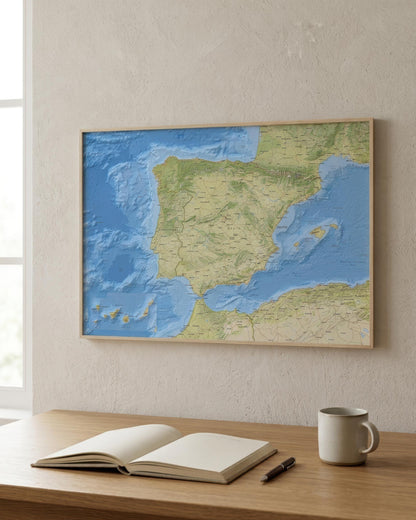 A framed topographic map of Spain and Portugal hanging on a textured beige wall above a wooden desk with an open notebook, a pen, and a white mug.