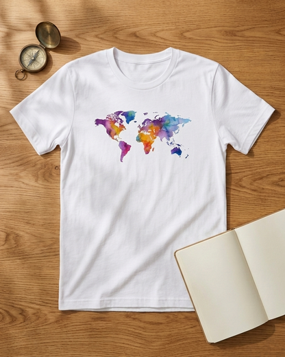 A white short-sleeve crewneck t-shirt with a colorful watercolor world map graphic on the chest, laid flat on a wooden surface next to a compass and an open notebook.