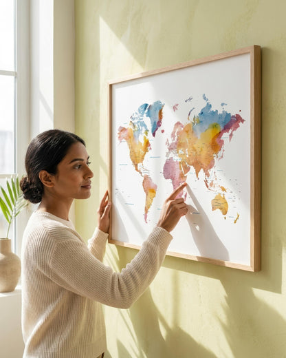 A woman in a cream ribbed sweater points at a framed world map poster hanging on a pale yellow wall. The map features a colorful watercolor design with blue, orange, pink, and purple tones, enclosed in a light wood frame.