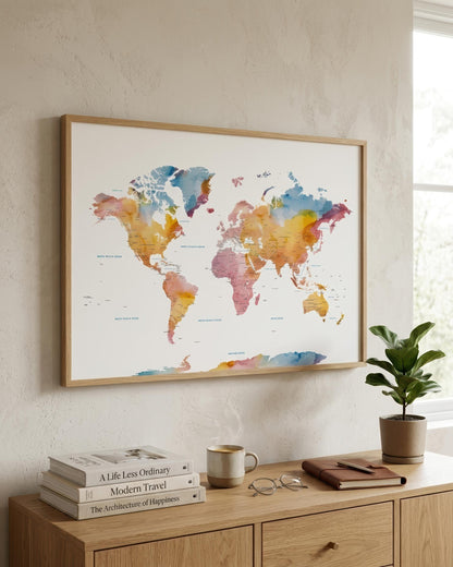 A framed world map watercolor print hangs on a textured beige wall above a light wood console table. The map features colorful watercolor continents in shades of blue, orange, yellow, pink, and purple on a white background.