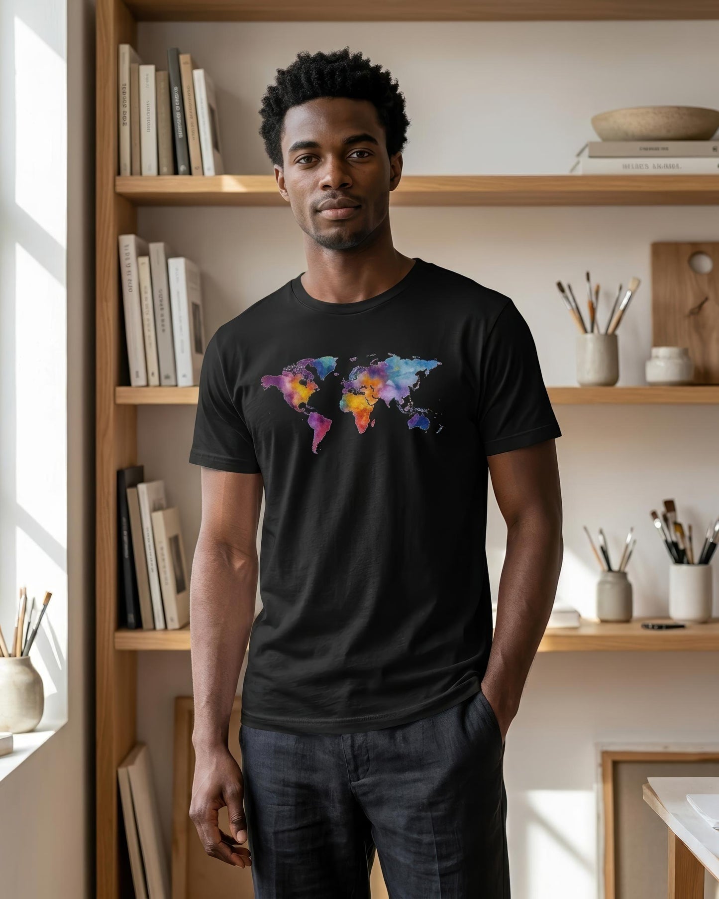 A man wearing a black crewneck t-shirt with a colorful watercolor world map graphic on the chest, standing in a bright, modern room with wooden bookshelves.