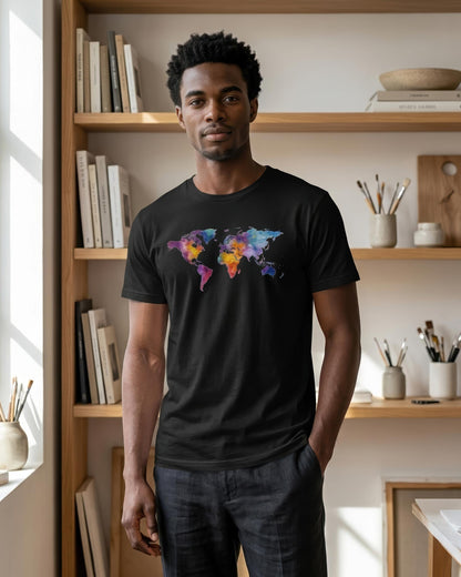 A man wearing a black crewneck t-shirt with a colorful watercolor world map graphic on the chest, standing in a bright, modern room with wooden bookshelves.