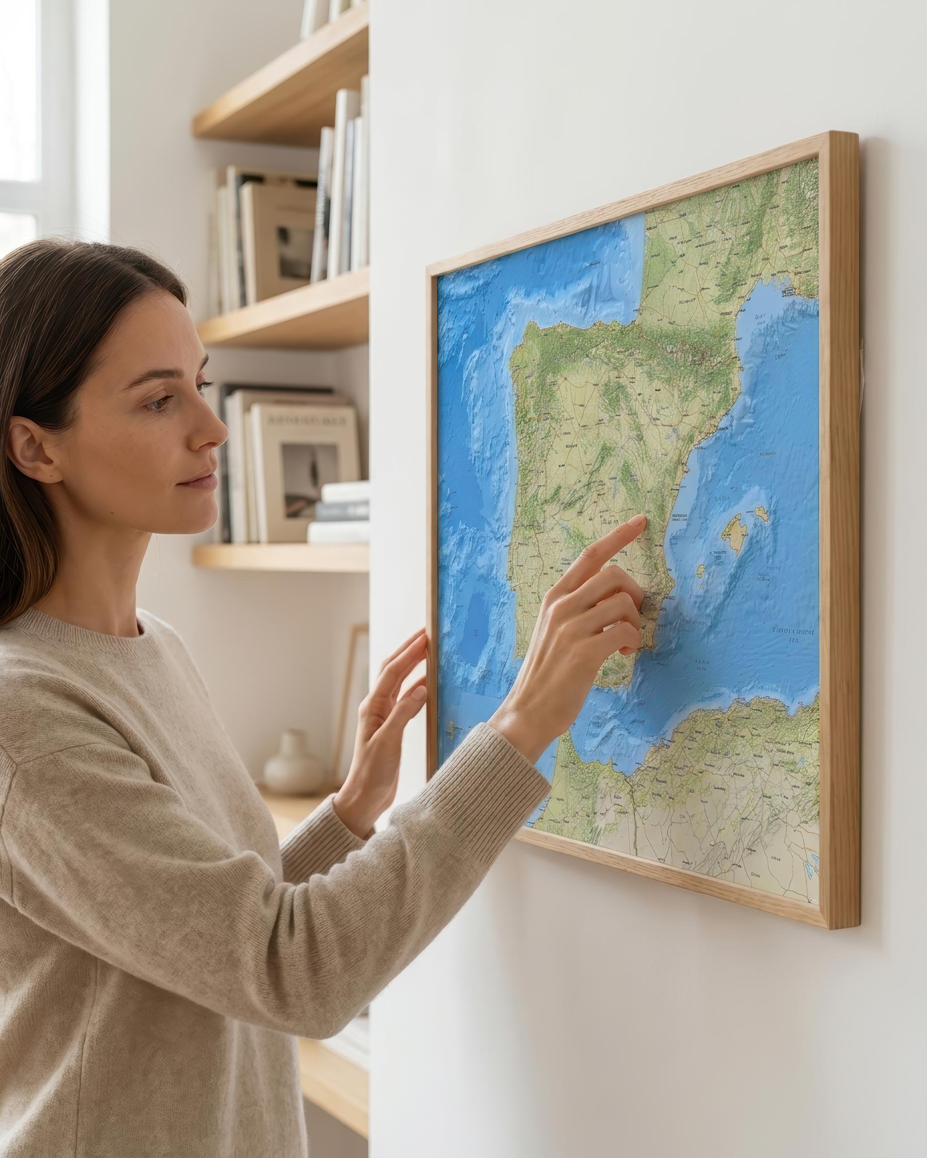 A woman in a beige sweater points at a framed relief map of Spain and Portugal hanging on a white wall in a modern room with wooden shelves.