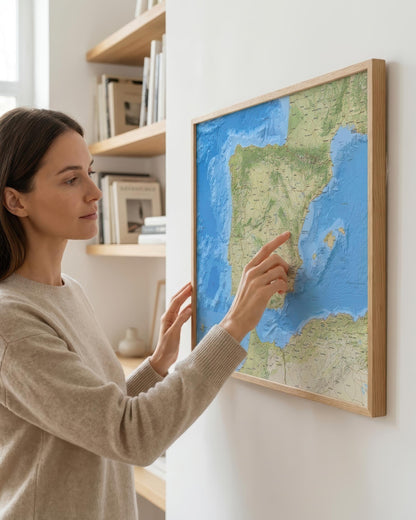 A woman in a beige sweater points at a framed relief map of Spain and Portugal hanging on a white wall in a modern room with wooden shelves.