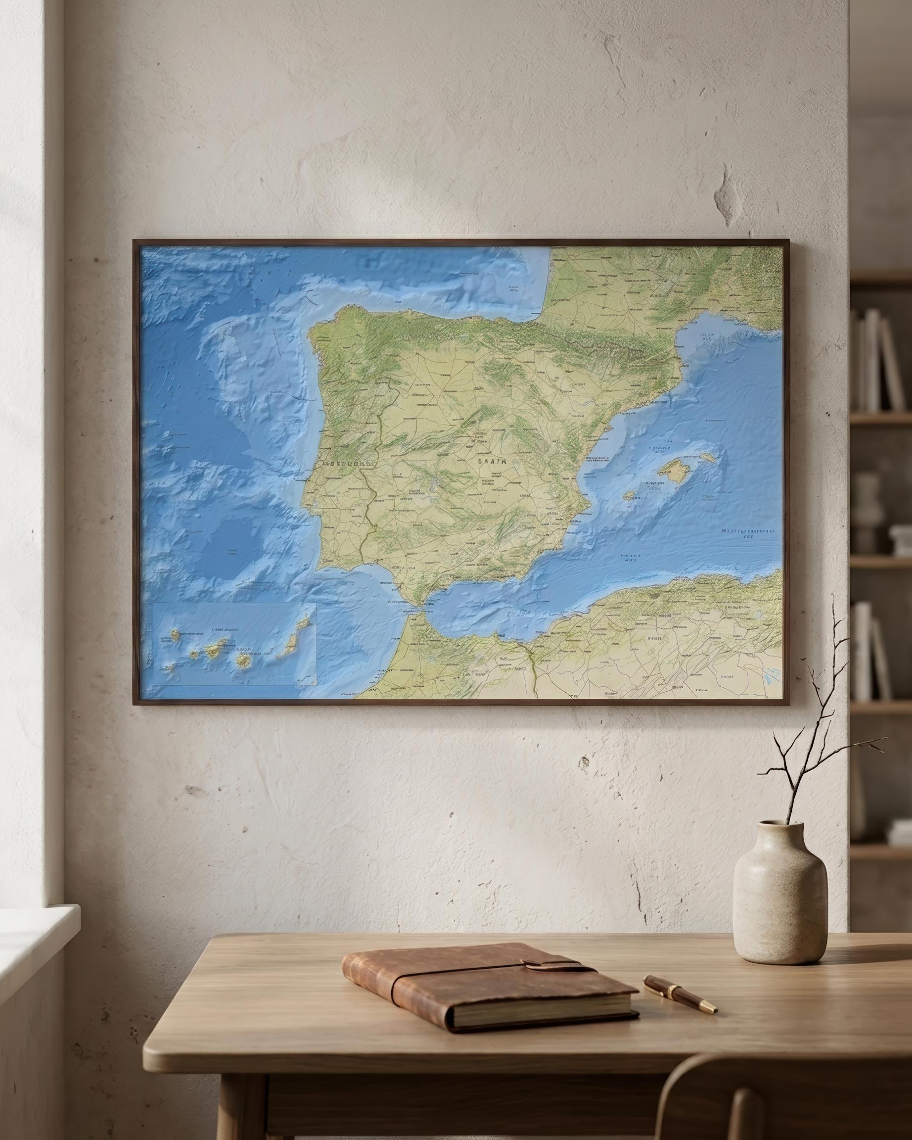 A framed world map print of Spain and surrounding Europe hangs on a textured beige wall above a wooden desk with a book and a small vase.