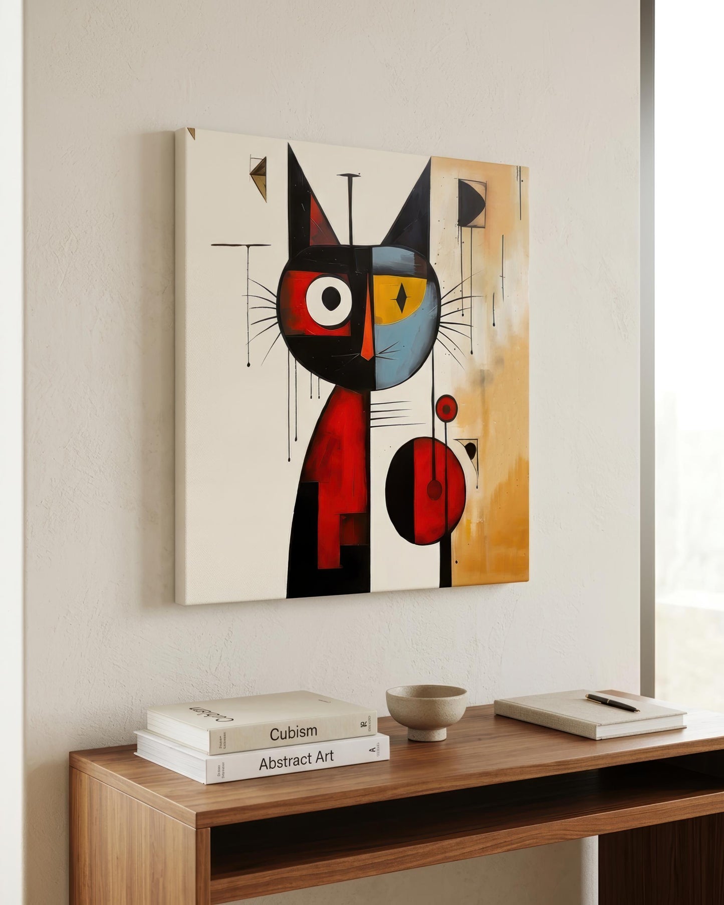 An abstract geometric canvas print featuring a stylized black cat with red, blue, and yellow shapes, displayed on a beige wall above a wooden console table with books and a bowl.