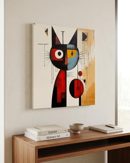 An abstract geometric canvas print featuring a stylized black cat with red, blue, and yellow shapes, displayed on a beige wall above a wooden console table with books and a bowl.
