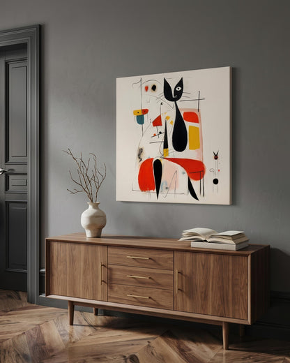 A framed abstract wall art print featuring a stylized black cat in red, yellow, blue, and black on a white background, displayed above a mid-century modern wooden sideboard in a gray room.