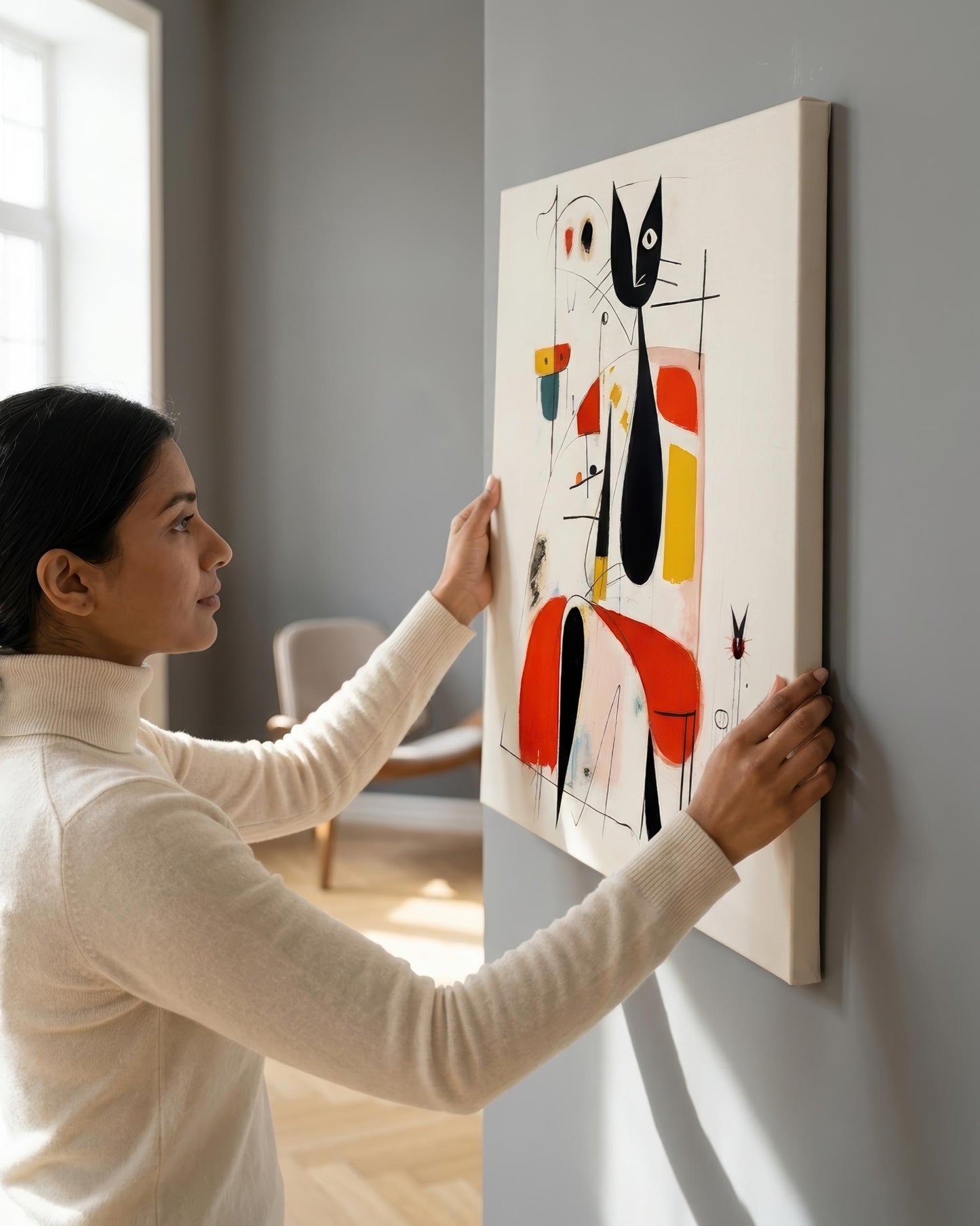 A woman in a cream turtleneck sweater hangs a vertical canvas print on a gray wall. The artwork features an abstract black cat with red, yellow, and blue geometric shapes on a white background.
