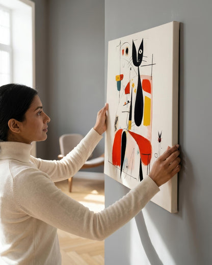 A woman in a cream turtleneck sweater hangs a vertical canvas print on a gray wall. The artwork features an abstract black cat with red, yellow, and blue geometric shapes on a white background.