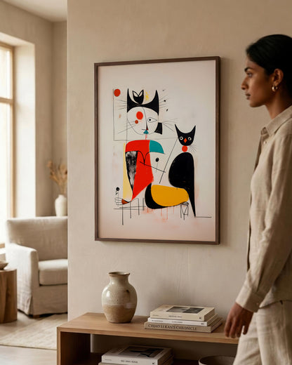 A woman in a beige linen outfit stands in a modern living room next to a framed abstract art print featuring stylized black and red cats on a cream background.