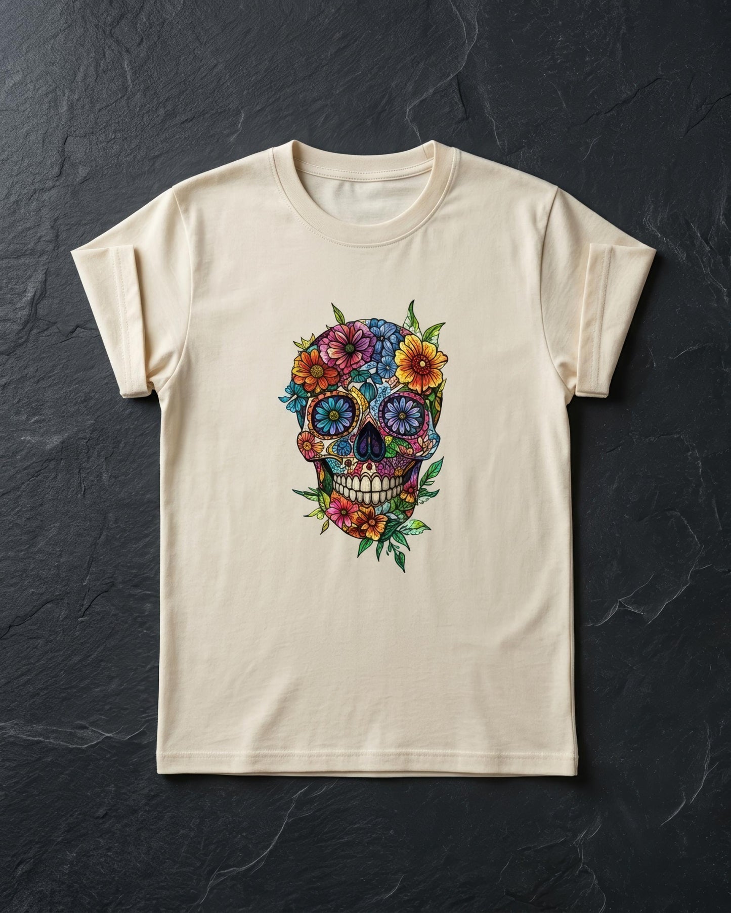 A cream-colored short-sleeve t-shirt with a colorful sugar skull graphic decorated with flowers, laid flat on a dark textured slate background.
