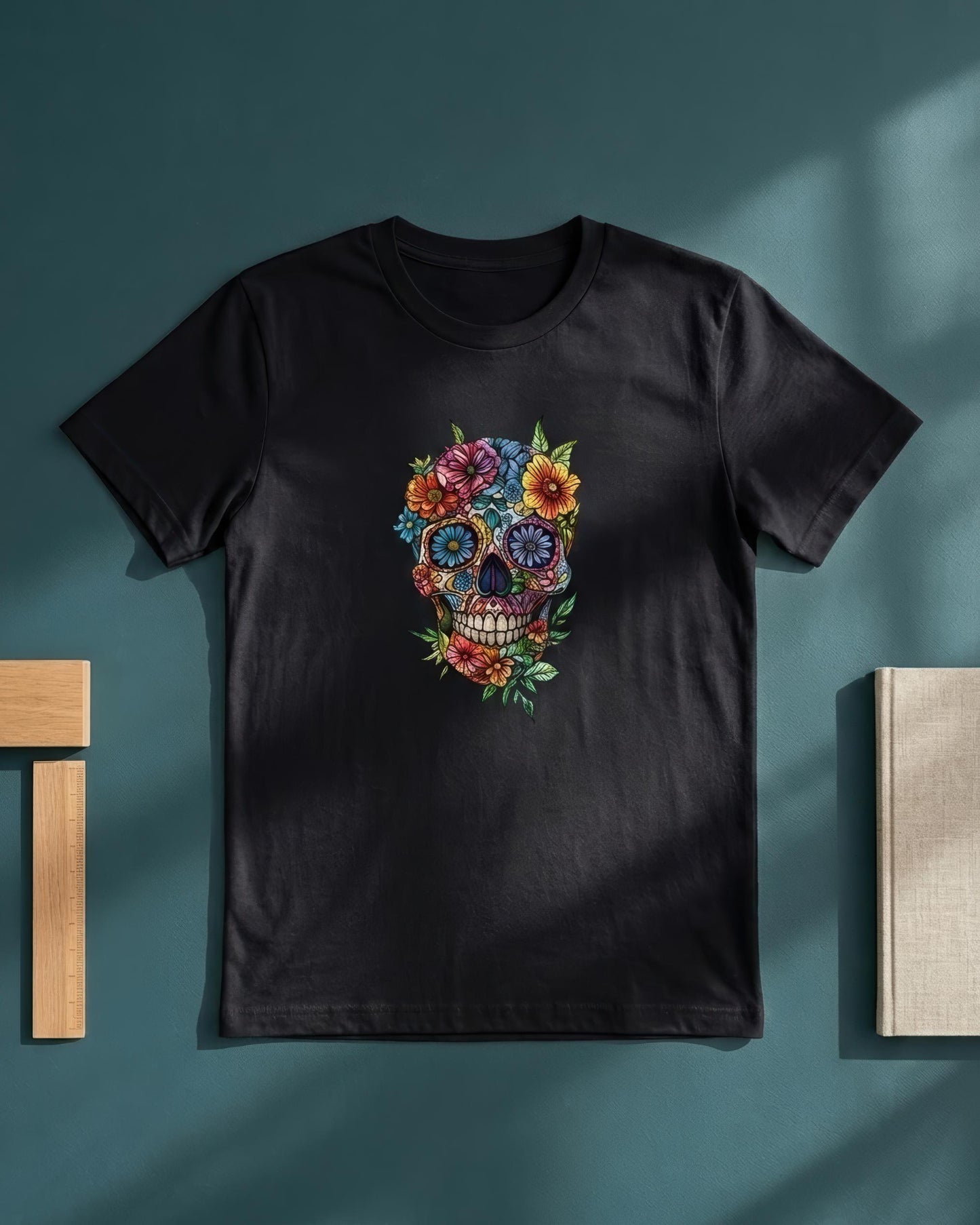 A black short-sleeve crewneck t-shirt featuring a colorful sugar skull graphic with flowers and green leaves, displayed flat against a dark teal background with soft shadows.