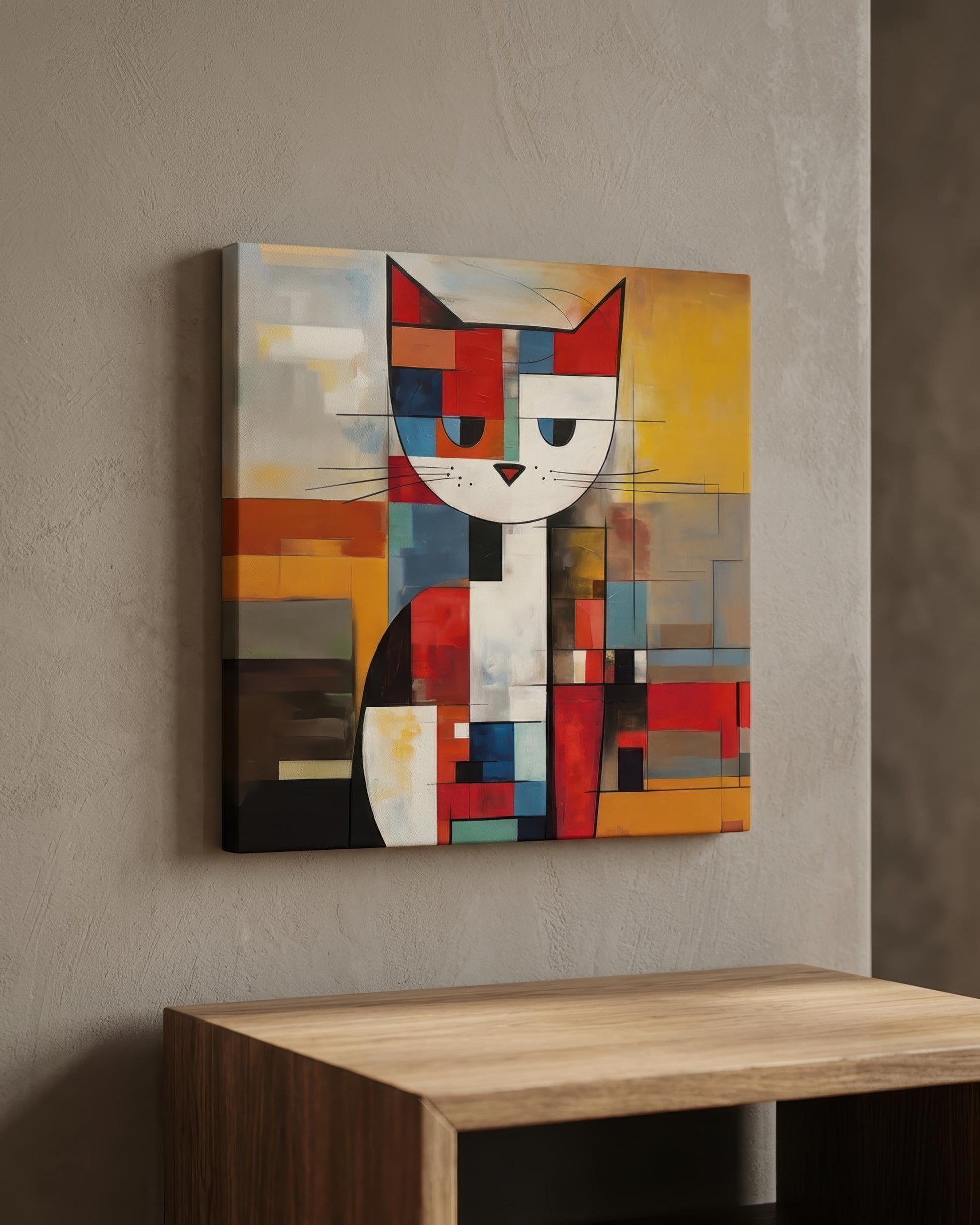 A square abstract canvas painting of a cat hangs on a textured beige wall above a wooden console table. The artwork features a stylized cat composed of geometric blocks in red, white, blue, yellow, orange, and black.