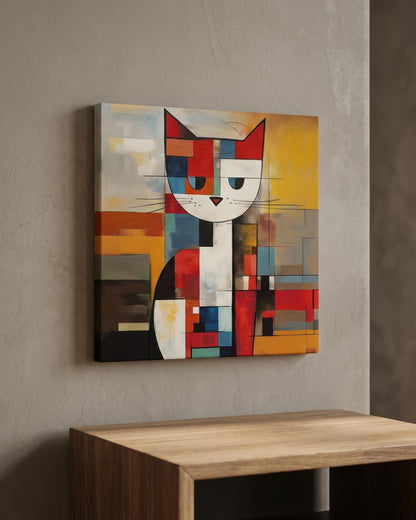 A square abstract canvas painting of a cat hangs on a textured beige wall above a wooden console table. The artwork features a stylized cat composed of geometric blocks in red, white, blue, yellow, orange, and black.