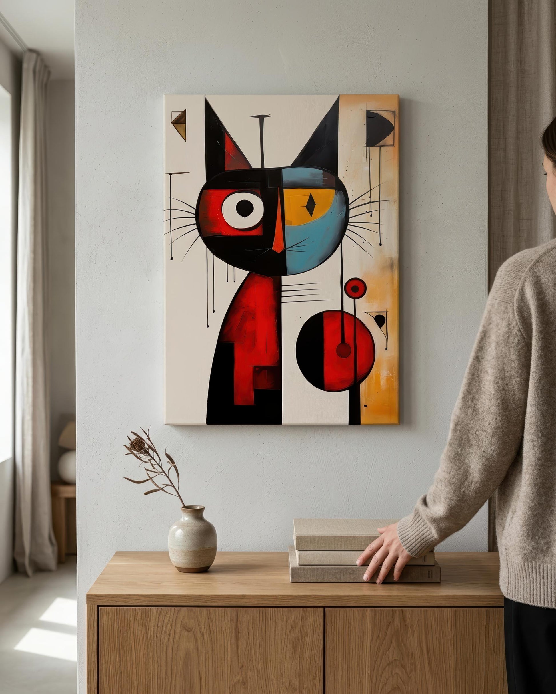 A person in a beige sweater stands beside a wooden cabinet, viewing a framed abstract painting of a Miro abstract cat hanging on a light gray wall. The painting features bold black, red, blue, yellow, and beige geometric shapes.