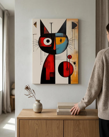 A person in a beige sweater stands beside a wooden cabinet, viewing a framed abstract painting of a Miro abstract cat hanging on a light gray wall. The painting features bold black, red, blue, yellow, and beige geometric shapes.