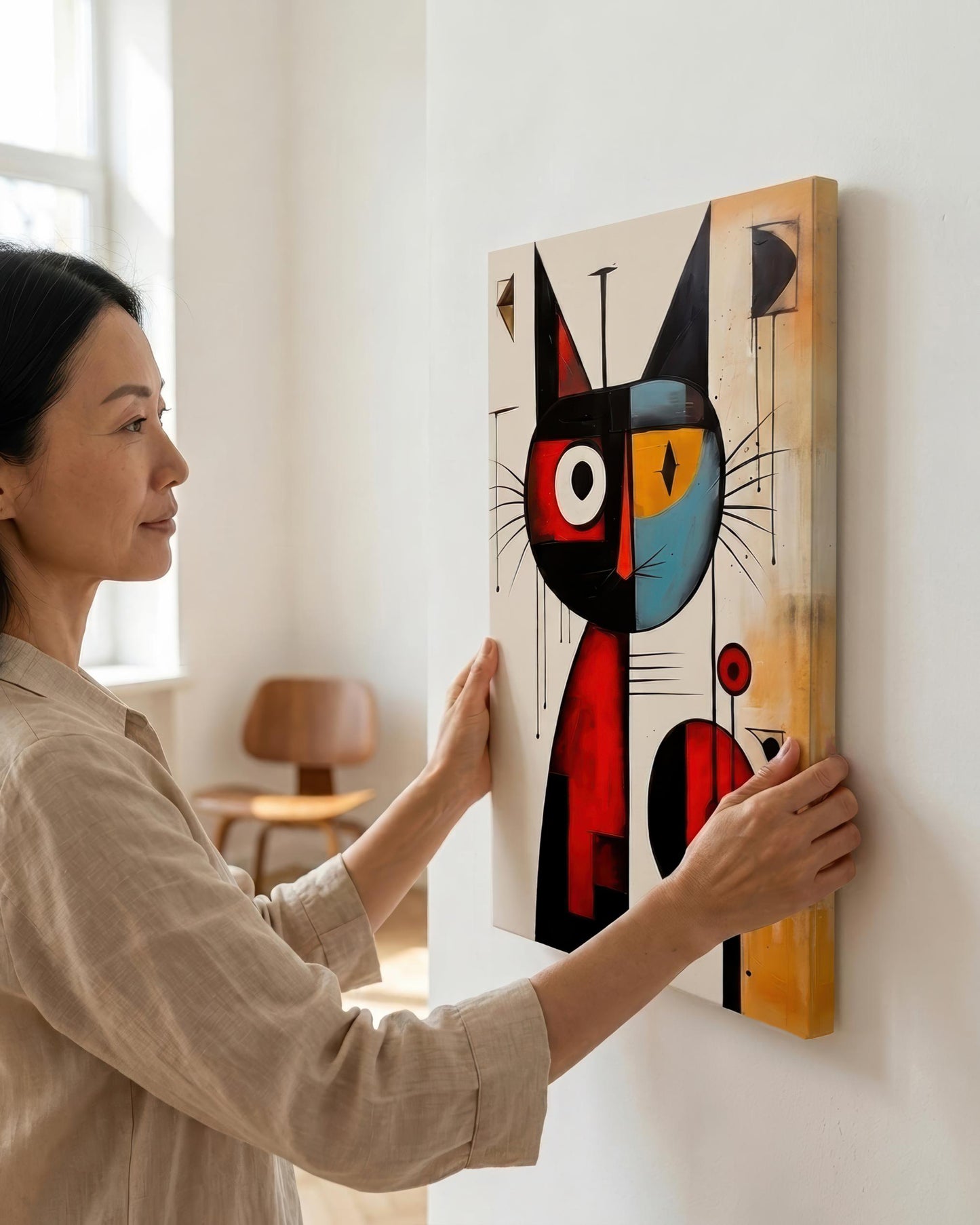 A woman in a beige linen shirt holds a modern, abstract cubist-style canvas painting of a cat on a white wall in a bright room.