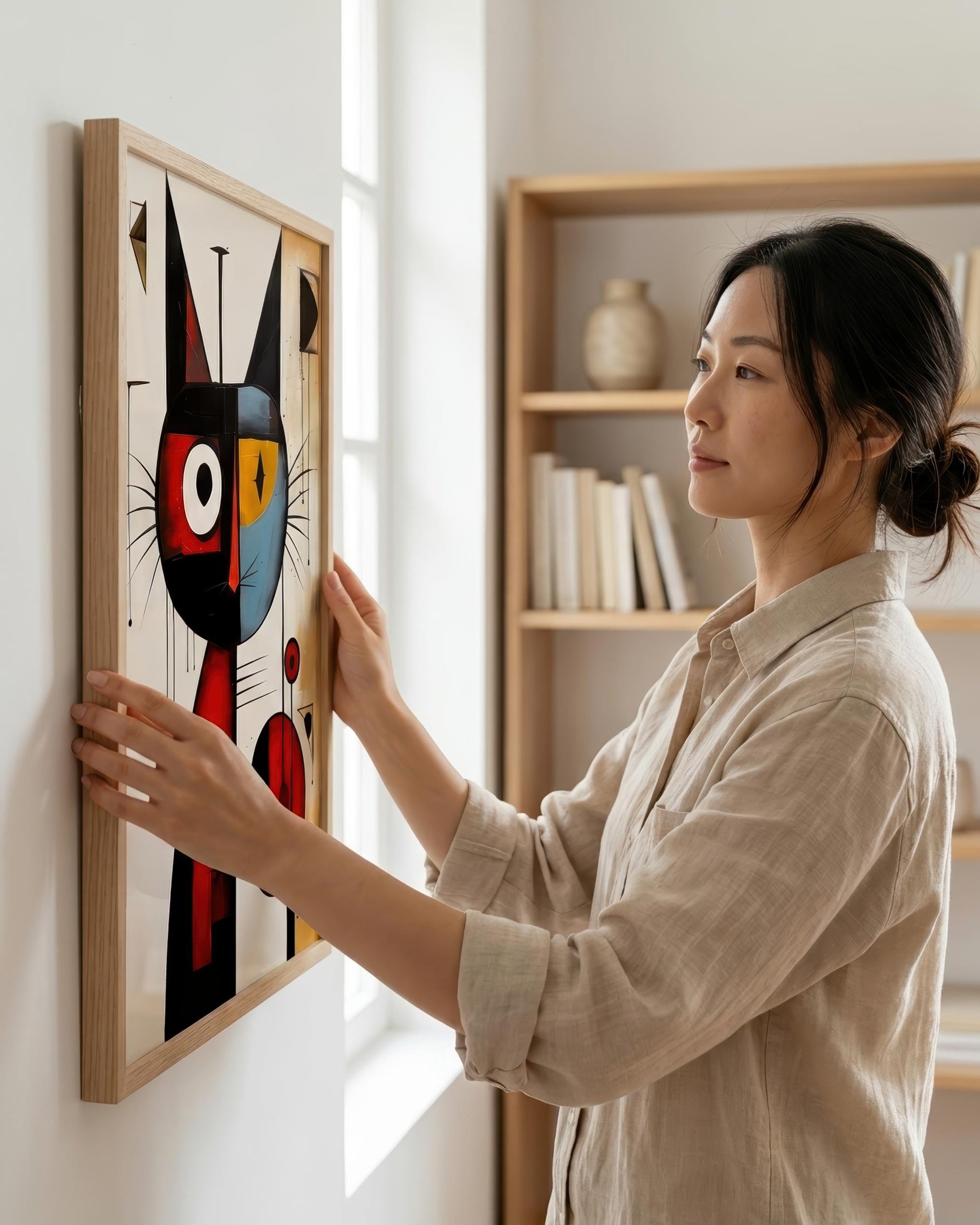 A woman in a beige linen shirt hangs a framed abstract art print on a white wall in a bright room. The print features a stylized black cat face with red, yellow, and white geometric shapes inside a light wood frame.