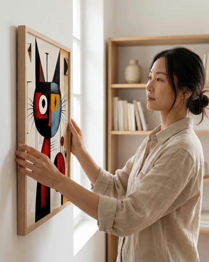 A woman in a beige linen shirt hangs a framed abstract art print on a white wall in a bright room. The print features a stylized black cat face with red, yellow, and white geometric shapes inside a light wood frame.