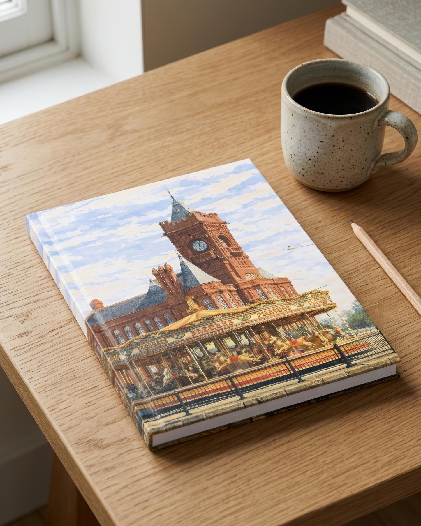 A hardcover notebook featuring a vintage illustration of a clock tower building and carousel, resting on a wooden table next to a speckled ceramic mug of black coffee and a wooden pencil.