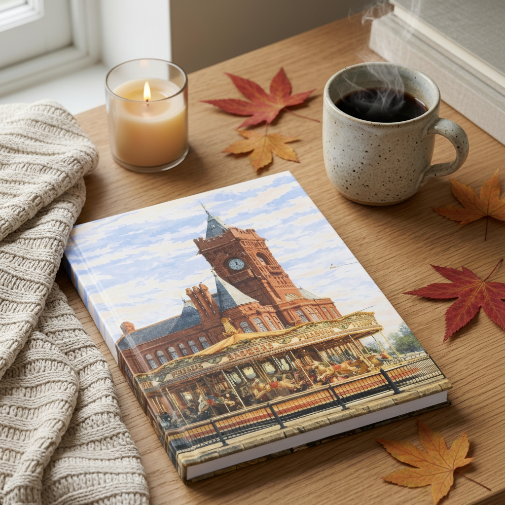 A hardcover art book featuring a colorful illustration of a historic clock tower building and carousel, styled on a wooden table with a candle, a mug of black coffee, autumn leaves, and a knitted blanket.