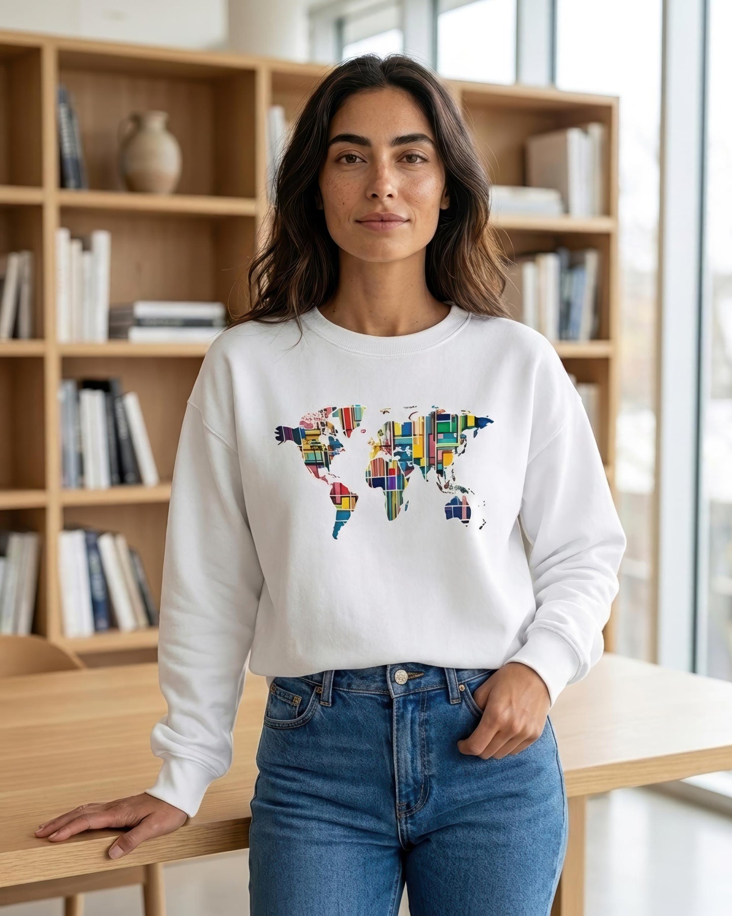 A woman wearing a white crewneck sweatshirt with a colorful world map graphic on the front, paired with blue jeans, standing in front of a wooden bookshelf.