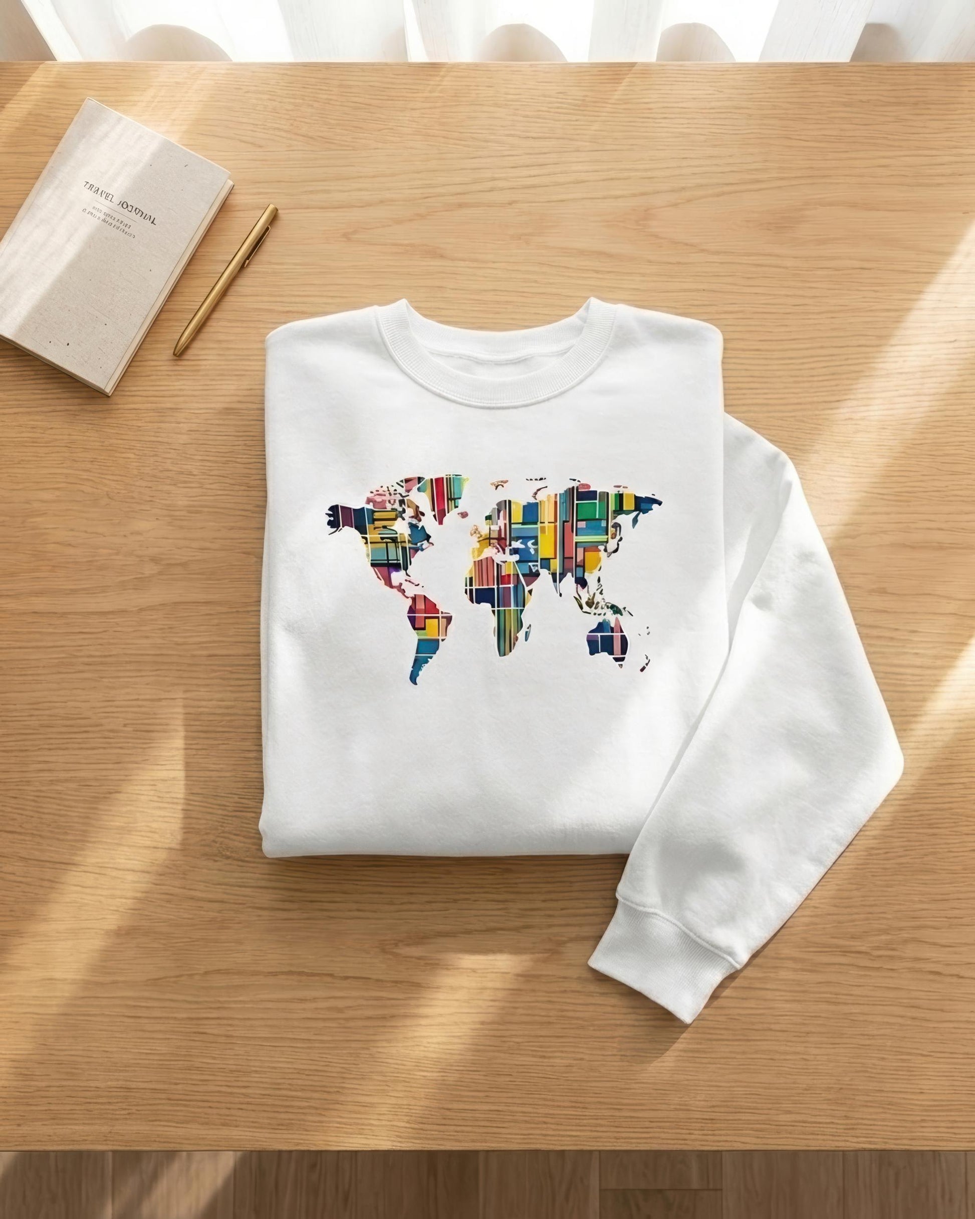 A white crewneck sweatshirt with a colorful world map graphic made of various national flags, folded on a light wood table next to a notebook and pencil.