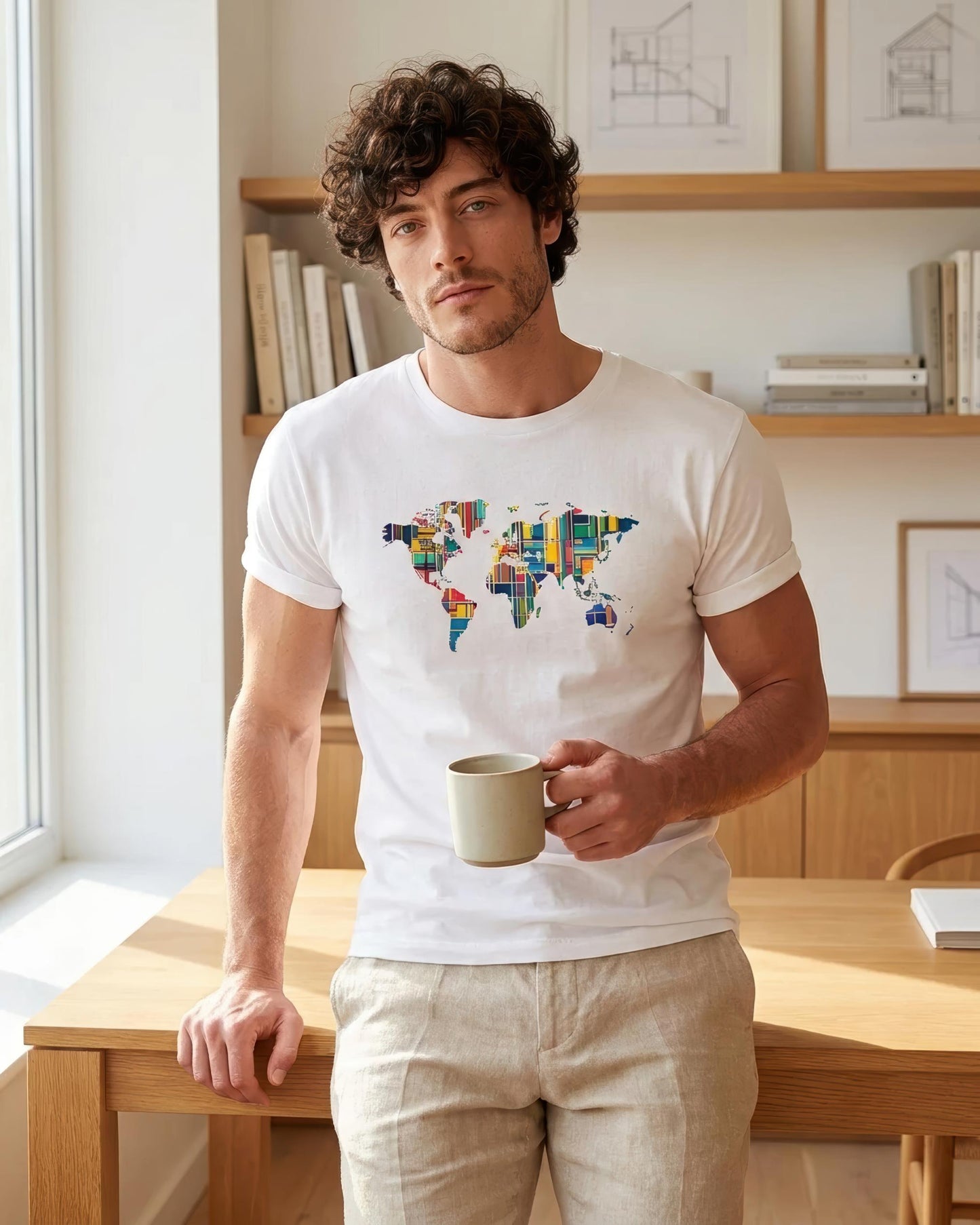 A man wearing a white crew-neck t-shirt with a colorful world map graphic on the chest, holding a beige ceramic mug in a bright, modern room with wooden shelves and books.