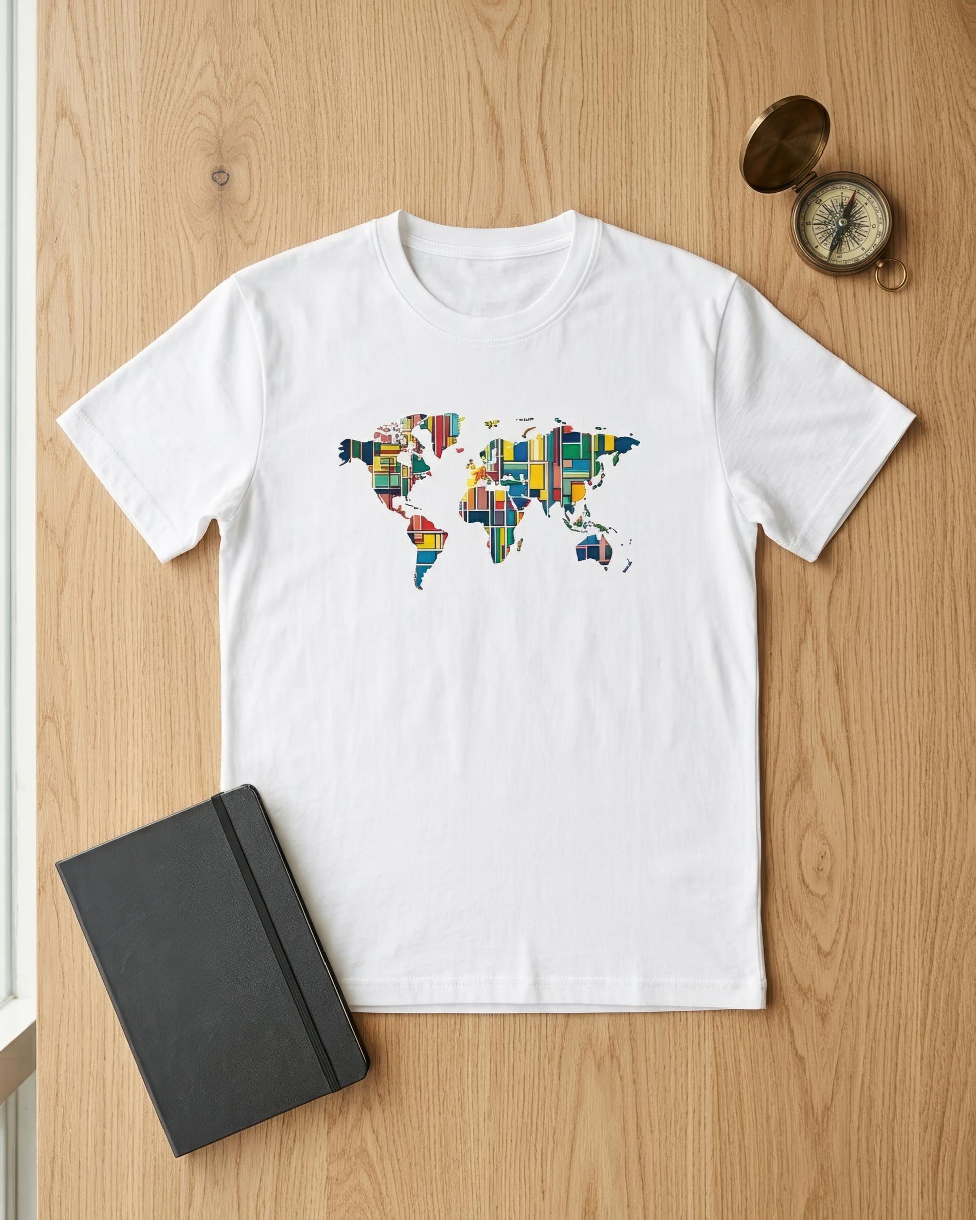 A white short-sleeve crewneck t-shirt with a colorful world map graphic made of various travel postcards, displayed in a flat-lay on a light wood background with a black notebook and a brass compass.