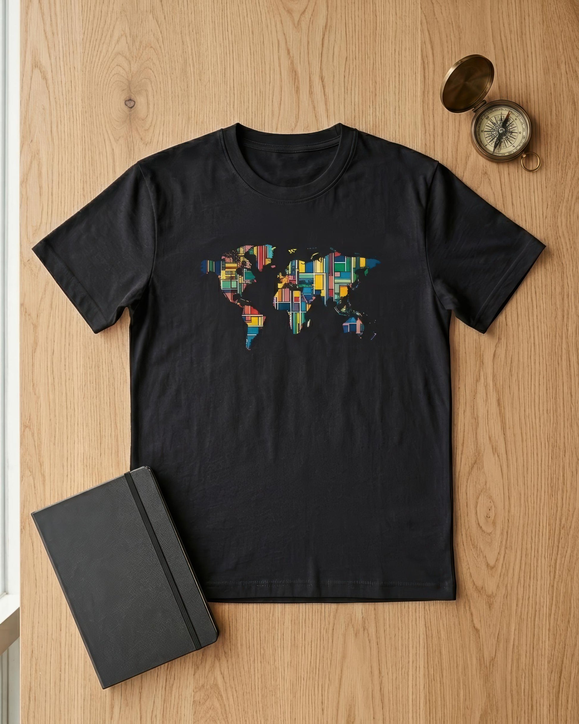 A black short-sleeve t-shirt laid flat on a light wood surface, featuring a colorful world map graphic made of book spines. A black notebook and a brass compass are placed nearby as props.