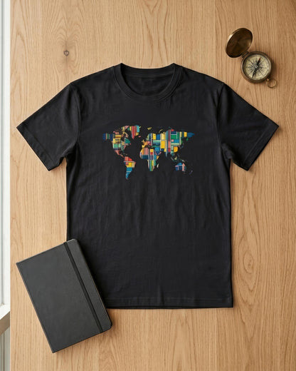 A black short-sleeve t-shirt laid flat on a light wood surface, featuring a colorful world map graphic made of book spines. A black notebook and a brass compass are placed nearby as props.