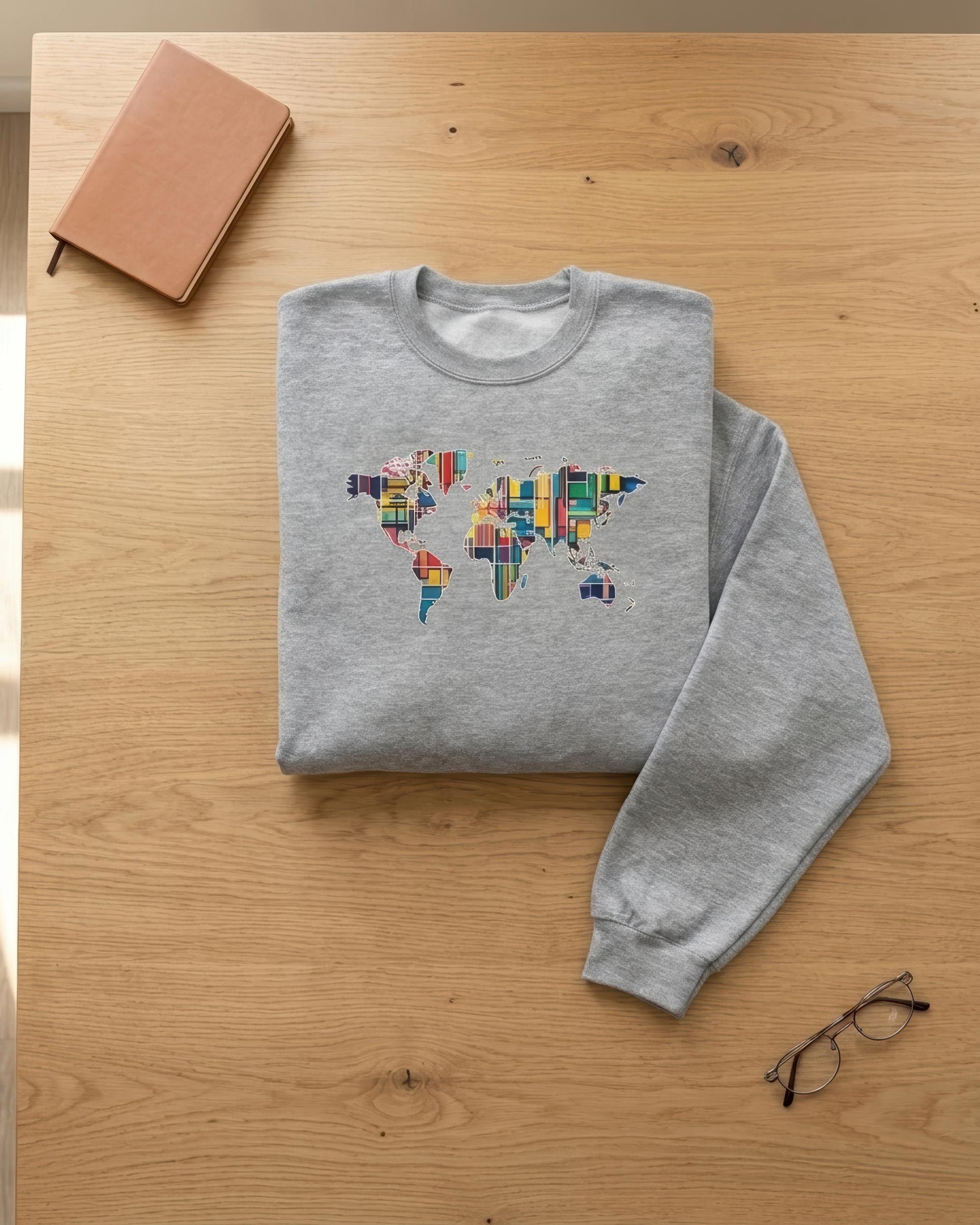 A folded heather gray sweatshirt with a colorful world map graphic printed on the chest, styled on a light wood tabletop with a notebook and eyeglasses nearby.