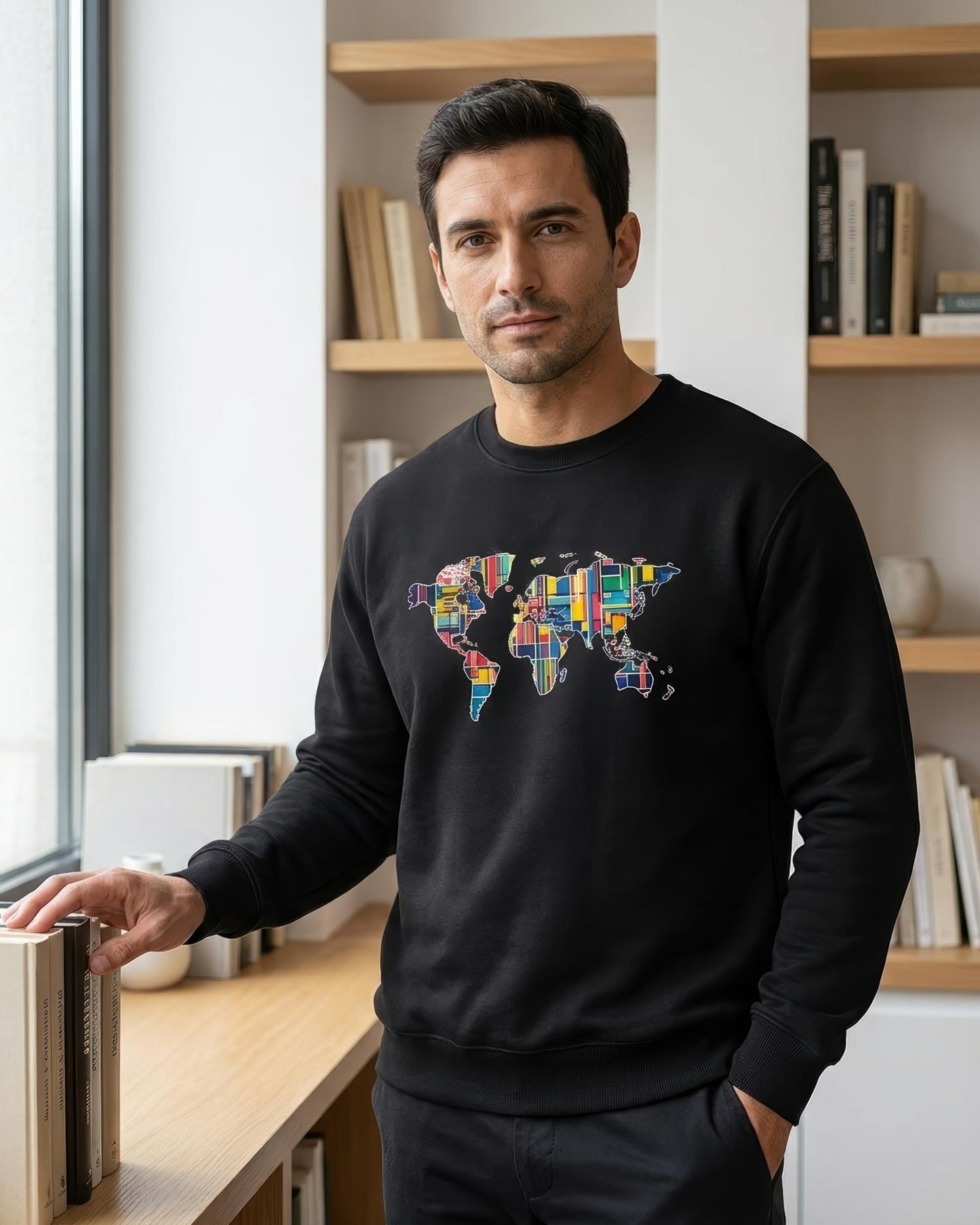 A man wearing a black crewneck sweatshirt with a colorful world map graphic made of various national flags, standing in a bright room with bookshelves in the background.