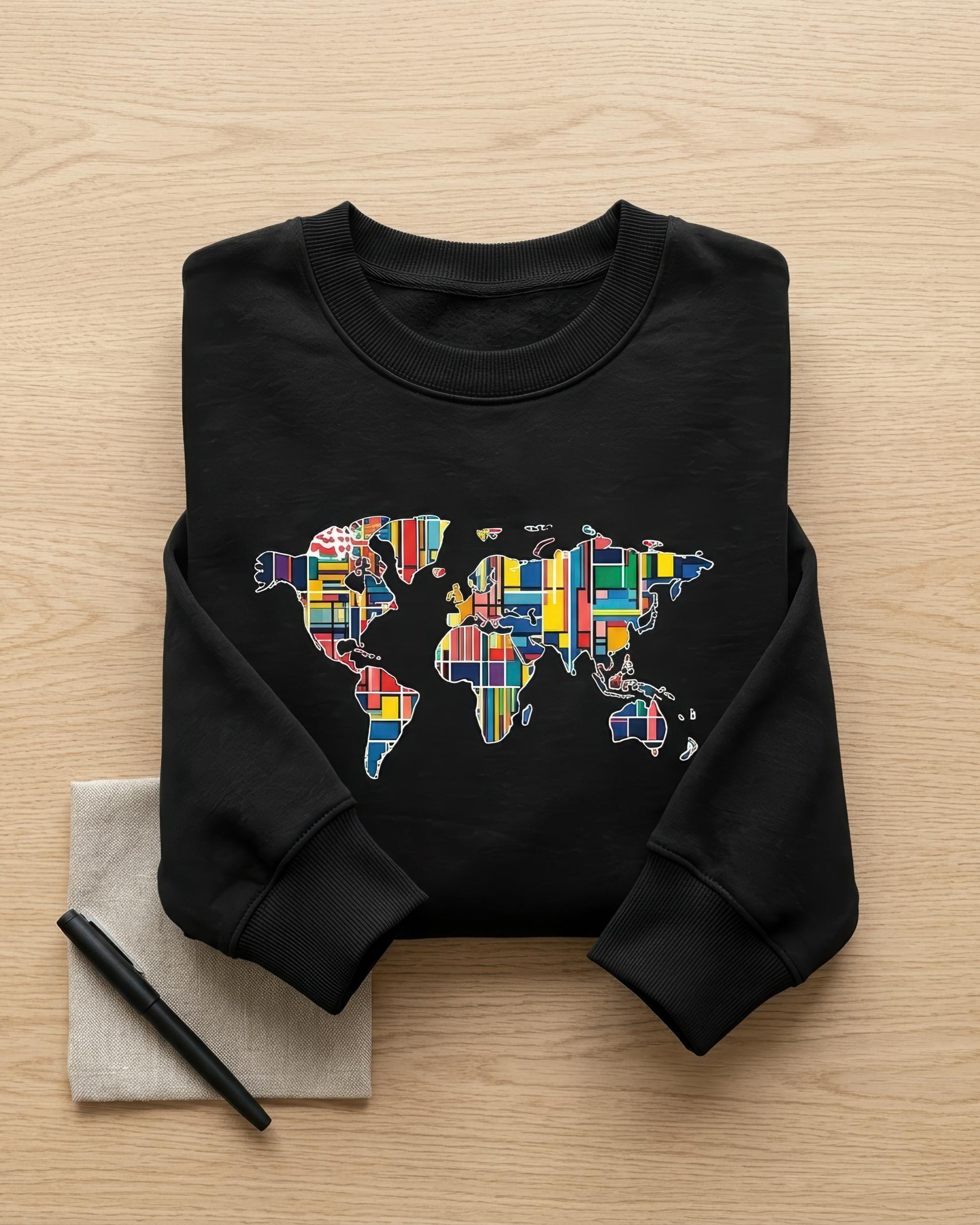 A black crewneck sweatshirt laid flat on a light wood surface, featuring a world map graphic filled with colorful national flags. A small beige napkin with a black pen sits to the lower left of the sweatshirt.