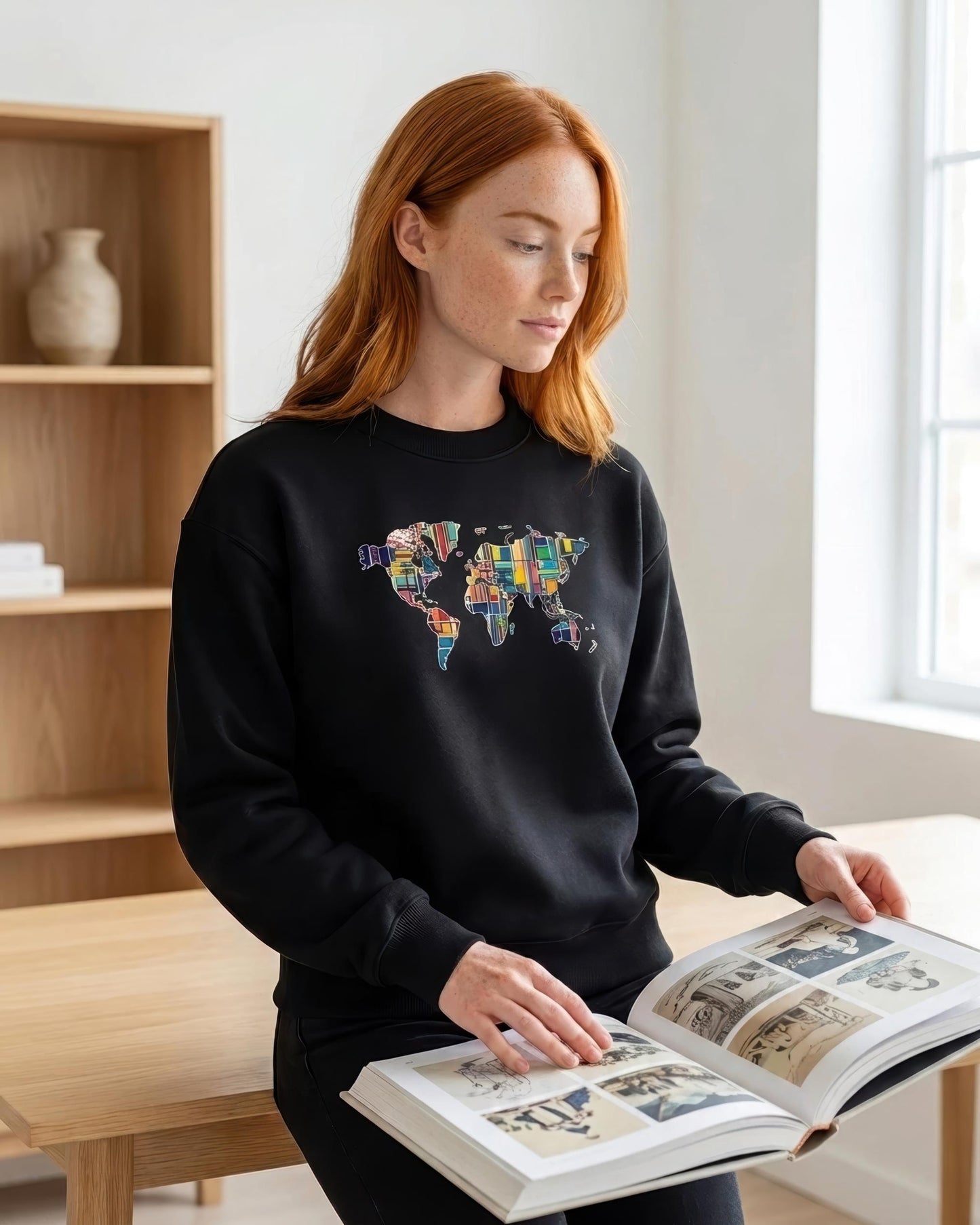 A woman with red hair wearing a black crewneck sweatshirt with a colorful world map graphic on the chest, sitting in a bright room and looking down at an open book.
