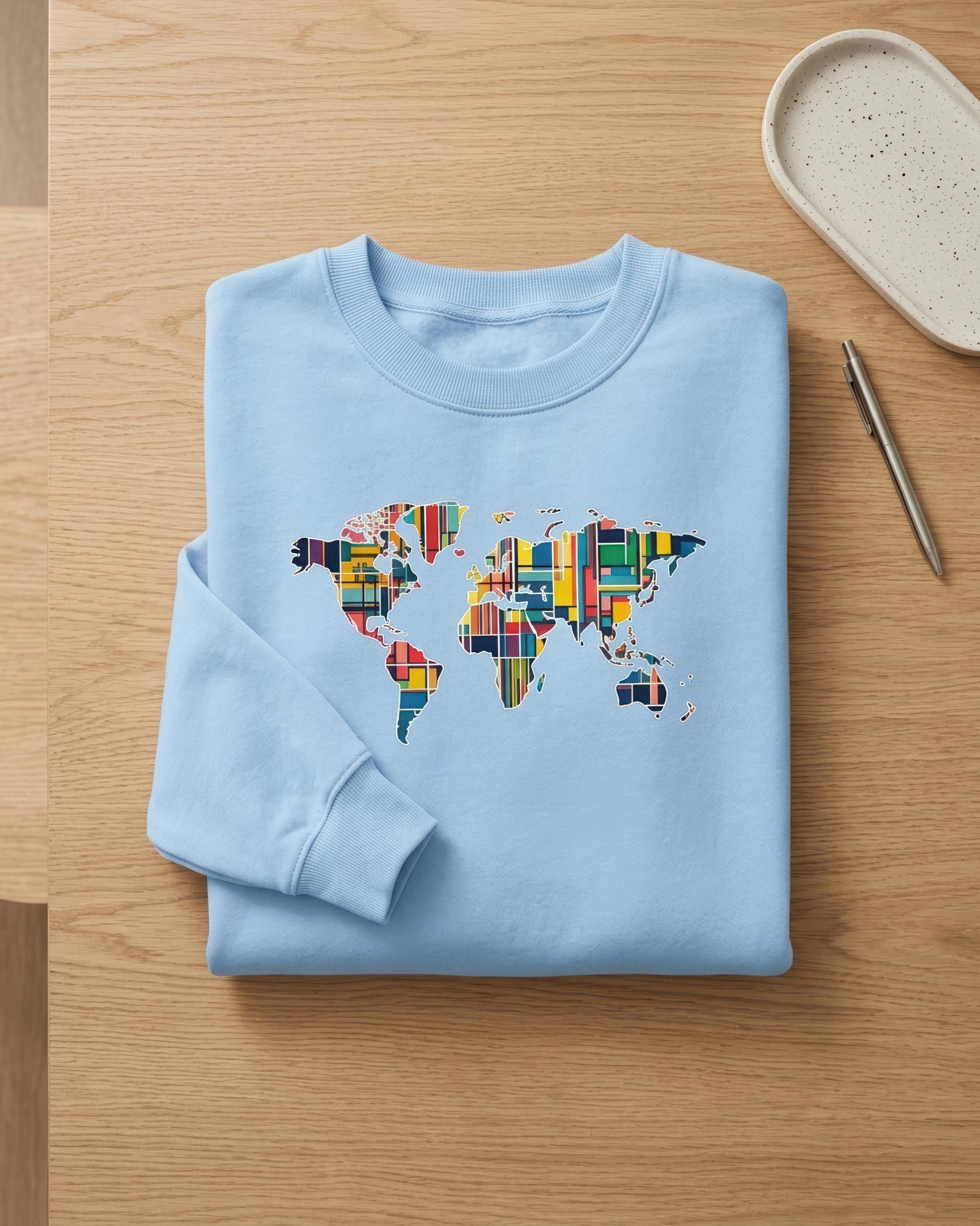 A light blue crewneck sweatshirt with a colorful world map graphic made of various national flags, folded neatly on a light wood tabletop next to a small dish and pen.