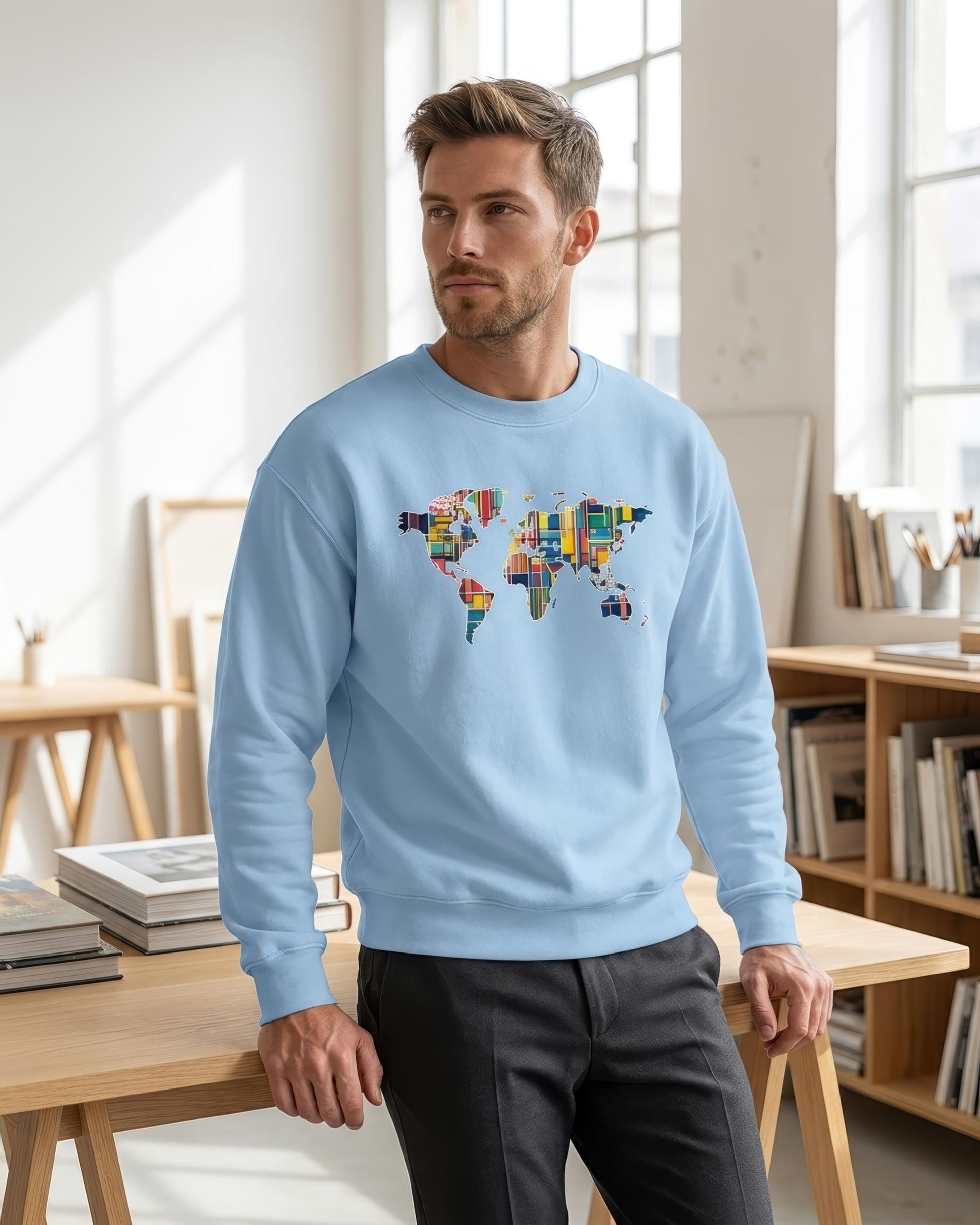 A man wearing a light blue crewneck sweatshirt with a colorful world map graphic on the chest, standing in a bright, modern room with wooden tables and bookshelves.